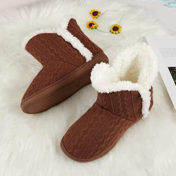 Women's Light Brown Winter Warm Fluffy Fur Lined Plush Bootie Slippers Shoes - Picture 6 of 7